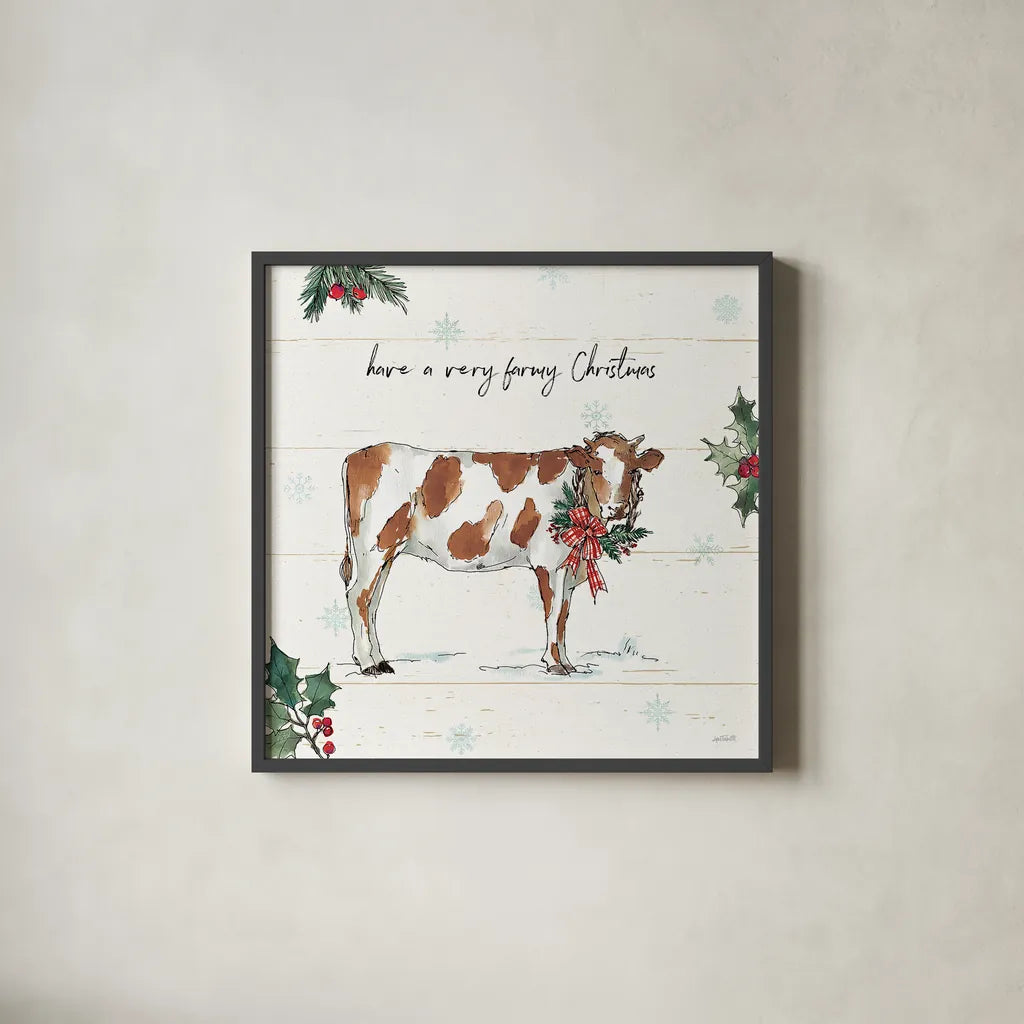 Holiday on the Farm III by Anne Tavoletti. Shown in a sleek black glass frame for a contemporary gallery look. Available as an archival giclee rolled canvas, fine art paper, or poster print. SKU 37273a.