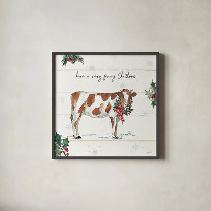 Holiday on the Farm III by Anne Tavoletti. Shown in a sleek black glass frame for a contemporary gallery look. Available as an archival giclee rolled canvas, fine art paper, or poster print. SKU 37273a.