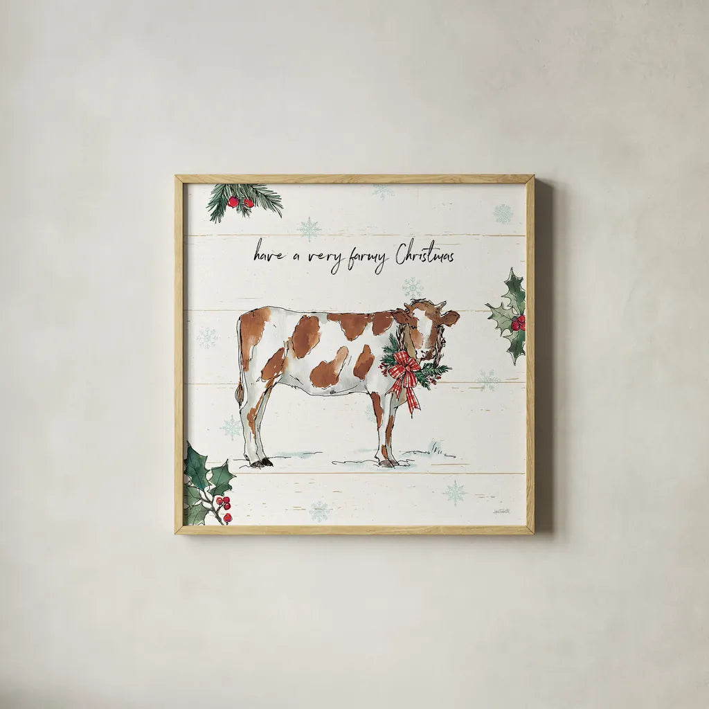 Holiday on the Farm III by Anne Tavoletti. Shown in a natural wood glass frame for a timeless modern aesthetic. Available as an archival giclee rolled canvas, fine art paper, or poster print. SKU 37273a.
