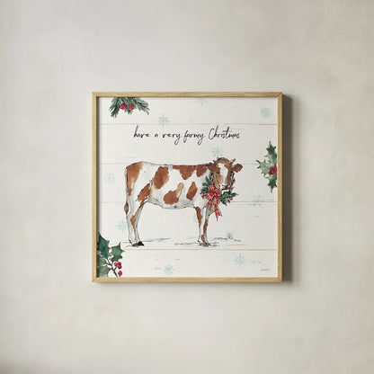 Holiday on the Farm III by Anne Tavoletti. Shown in a natural wood glass frame for a timeless modern aesthetic. Available as an archival giclee rolled canvas, fine art paper, or poster print. SKU 37273a.