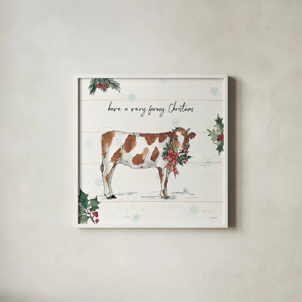 Holiday on the Farm III by Anne Tavoletti. Shown in a crisp white glass frame for a clean and minimalist style. Available as an archival giclee rolled canvas, fine art paper, or poster print. SKU 37273a.