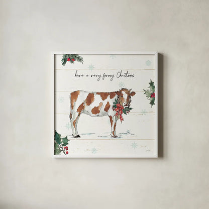 Holiday on the Farm III by Anne Tavoletti. Shown in a crisp white glass frame for a clean and minimalist style. Available as an archival giclee rolled canvas, fine art paper, or poster print. SKU 37273a.