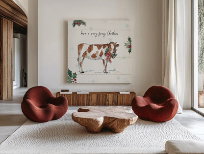 Holiday on the Farm III by Anne Tavoletti. Shown as extra-large giant wall art in a modern living room. Available as an archival giclee rolled canvas, fine art paper, or poster print. SKU 37273a.