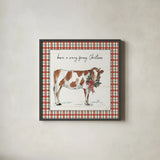 Holiday on the Farm III Plaid by Anne Tavoletti. Shown in a sleek black glass frame for a contemporary gallery look. Available as an archival giclee rolled canvas, fine art paper, or poster print. SKU 38392a.