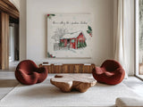 Holiday on the Farm IV by Anne Tavoletti. Shown as extra-large giant wall art in a modern living room. Available as an archival giclee rolled canvas, fine art paper, or poster print. SKU 37274a.