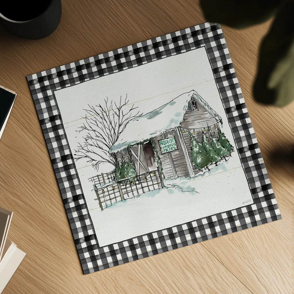 Holiday on the Farm IV BW Buffalo Check by Anne Tavoletti. Shown as a detailed flat fine art print, highlighting archival giclee quality. Available as an archival giclee rolled canvas, fine art paper, or poster print. SKU 57866a.