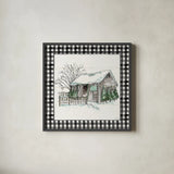 Holiday on the Farm IV BW Buffalo Check by Anne Tavoletti. Shown in a sleek black glass frame for a contemporary gallery look. Available as an archival giclee rolled canvas, fine art paper, or poster print. SKU 57866a.