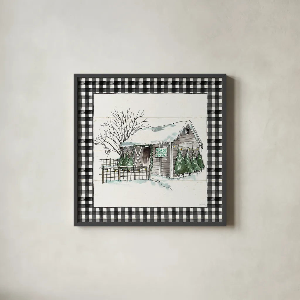 Holiday on the Farm IV BW Buffalo Check by Anne Tavoletti. Shown in a sleek black glass frame for a contemporary gallery look. Available as an archival giclee rolled canvas, fine art paper, or poster print. SKU 57866a.