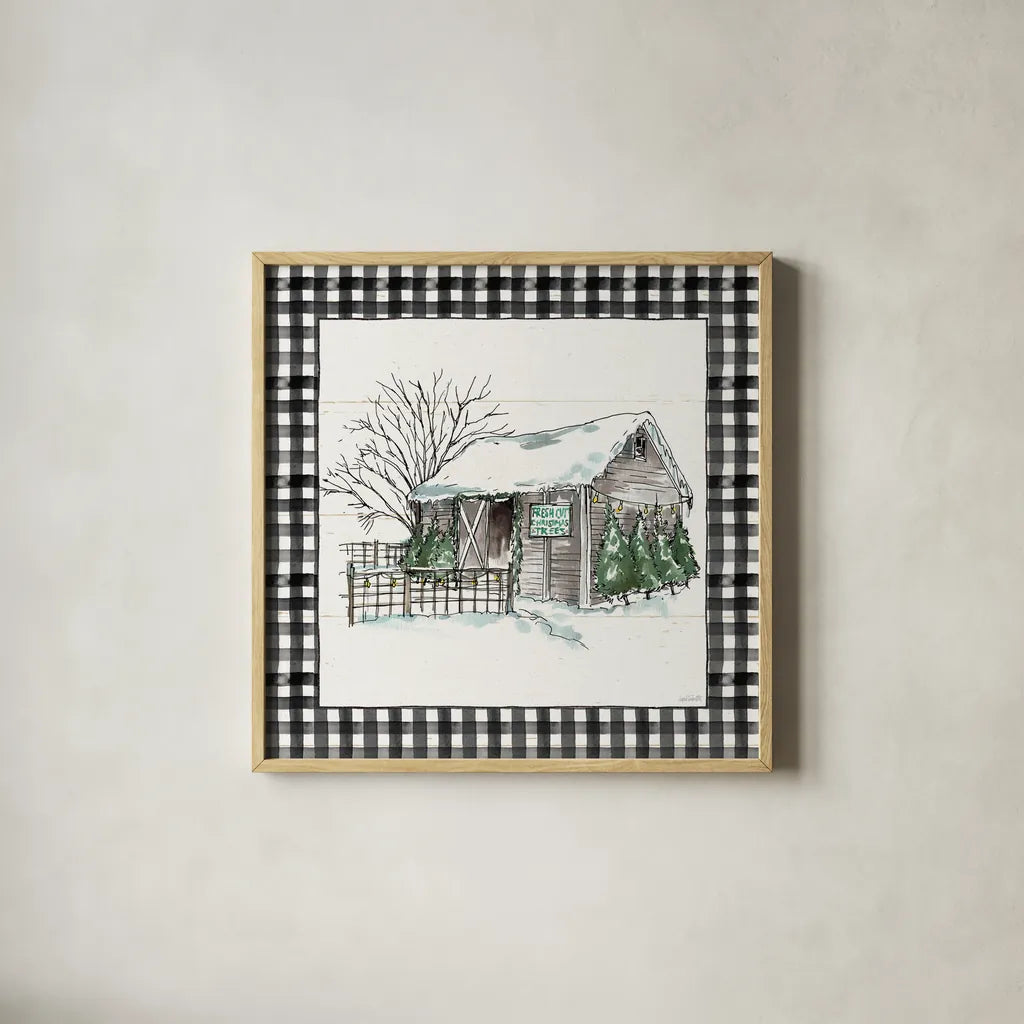 Holiday on the Farm IV BW Buffalo Check by Anne Tavoletti. Shown in a natural wood glass frame for a timeless modern aesthetic. Available as an archival giclee rolled canvas, fine art paper, or poster print. SKU 57866a.