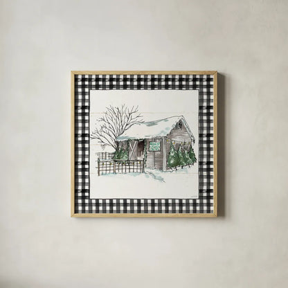 Holiday on the Farm IV BW Buffalo Check by Anne Tavoletti. Shown in a natural wood glass frame for a timeless modern aesthetic. Available as an archival giclee rolled canvas, fine art paper, or poster print. SKU 57866a.