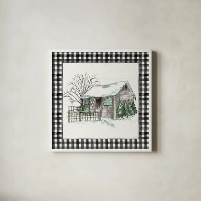 Holiday on the Farm IV BW Buffalo Check by Anne Tavoletti. Shown in a crisp white glass frame for a clean and minimalist style. Available as an archival giclee rolled canvas, fine art paper, or poster print. SKU 57866a.