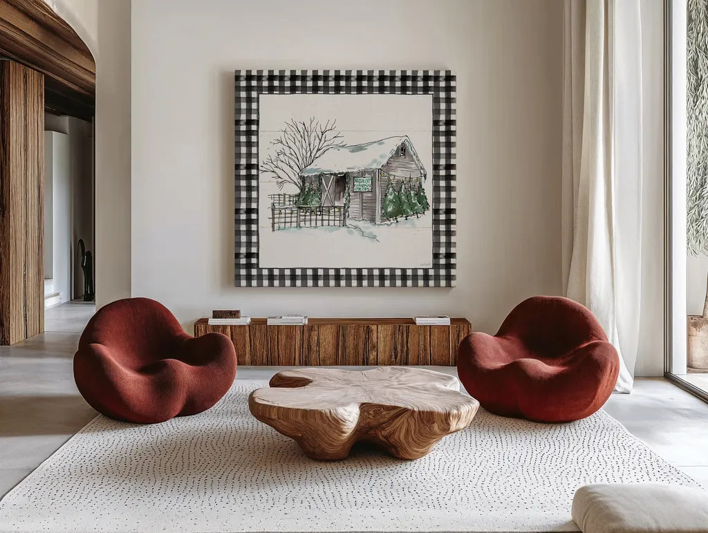 Holiday on the Farm IV BW Buffalo Check by Anne Tavoletti. Shown as extra-large giant wall art in a modern living room. Available as an archival giclee rolled canvas, fine art paper, or poster print. SKU 57866a.