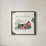 Holiday on the Farm IV Merry Christmas by Anne Tavoletti. Shown in a sleek black glass frame for a contemporary gallery look. Available as an archival giclee rolled canvas, fine art paper, or poster print. SKU 41086a.