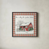 Holiday on the Farm IV Plaid by Anne Tavoletti. Shown in a sleek black glass frame for a contemporary gallery look. Available as an archival giclee rolled canvas, fine art paper, or poster print. SKU 38393a.