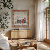 Holiday on the Farm IV Plaid by Anne Tavoletti. Shown in a natural wood frame in a cozy modern living room. Available as an archival giclee rolled canvas, fine art paper, or poster print. SKU 38393a.