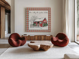 Holiday on the Farm IV Plaid by Anne Tavoletti. Shown as extra-large giant wall art in a modern living room. Available as an archival giclee rolled canvas, fine art paper, or poster print. SKU 38393a.