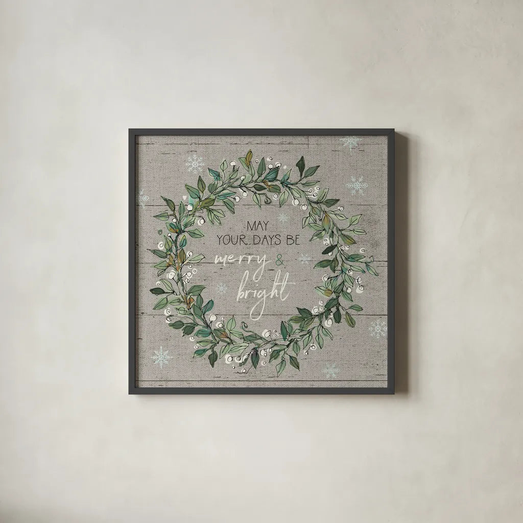 Holiday on the Farm IX - Merry and Bright by Anne Tavoletti. Shown in a sleek black glass frame for a contemporary gallery look. Available as an archival giclee rolled canvas, fine art paper, or poster print. SKU 57867a.