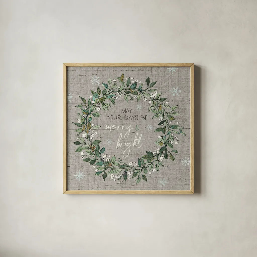 Holiday on the Farm IX - Merry and Bright by Anne Tavoletti. Shown in a natural wood glass frame for a timeless modern aesthetic. Available as an archival giclee rolled canvas, fine art paper, or poster print. SKU 57867a.