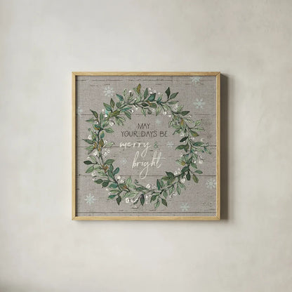 Holiday on the Farm IX - Merry and Bright by Anne Tavoletti. Shown in a natural wood glass frame for a timeless modern aesthetic. Available as an archival giclee rolled canvas, fine art paper, or poster print. SKU 57867a.