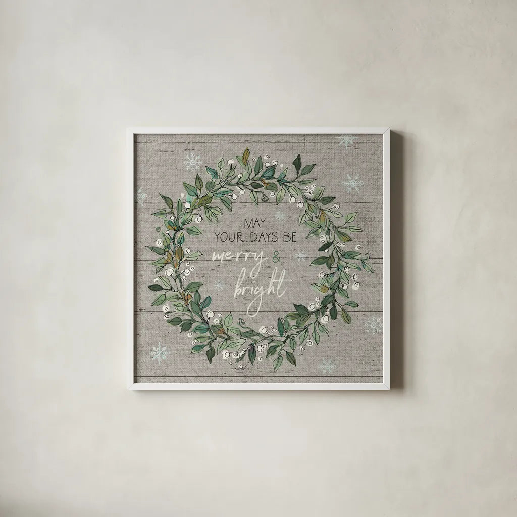 Holiday on the Farm IX - Merry and Bright by Anne Tavoletti. Shown in a crisp white glass frame for a clean and minimalist style. Available as an archival giclee rolled canvas, fine art paper, or poster print. SKU 57867a.