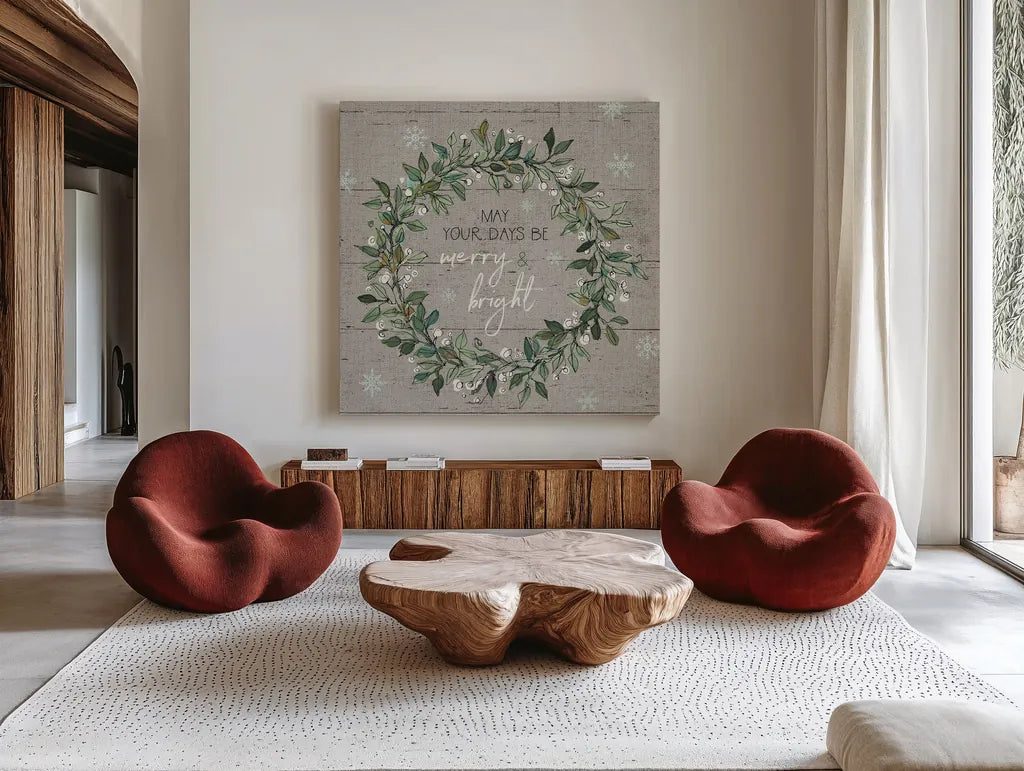 Holiday on the Farm IX - Merry and Bright by Anne Tavoletti. Shown as extra-large giant wall art in a modern living room. Available as an archival giclee rolled canvas, fine art paper, or poster print. SKU 57867a.