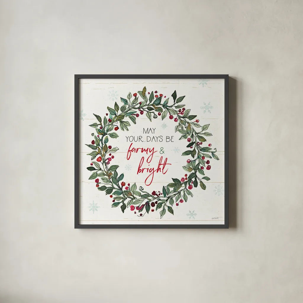 Holiday on the Farm IX by Anne Tavoletti. Shown in a sleek black glass frame for a contemporary gallery look. Available as an archival giclee rolled canvas, fine art paper, or poster print. SKU 37279a.