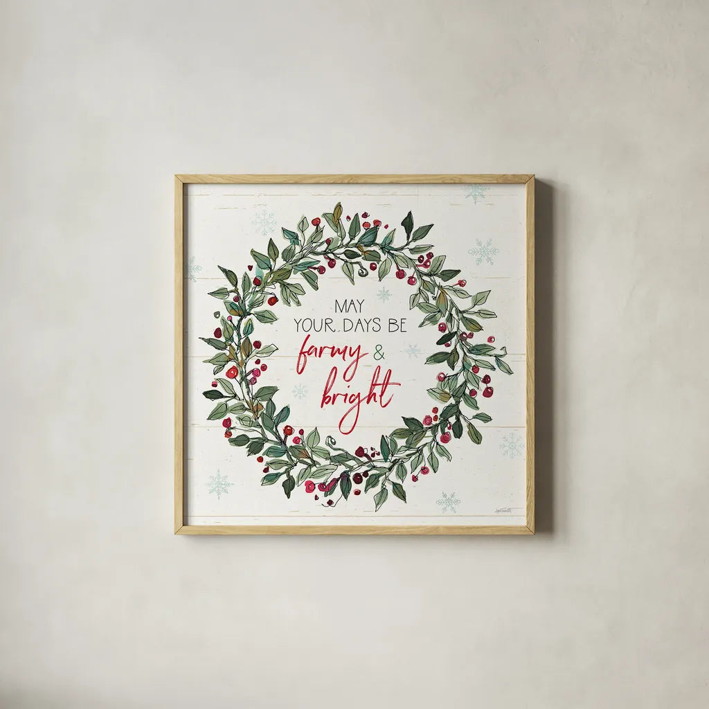 Holiday on the Farm IX by Anne Tavoletti. Shown in a natural wood glass frame for a timeless modern aesthetic. Available as an archival giclee rolled canvas, fine art paper, or poster print. SKU 37279a.