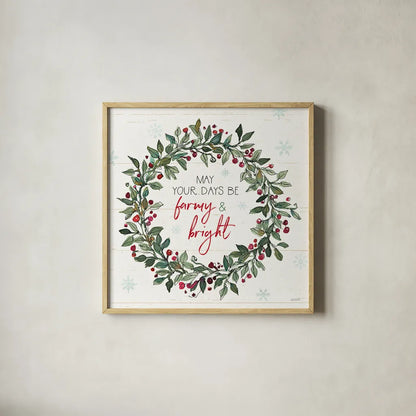 Holiday on the Farm IX by Anne Tavoletti. Shown in a natural wood glass frame for a timeless modern aesthetic. Available as an archival giclee rolled canvas, fine art paper, or poster print. SKU 37279a.