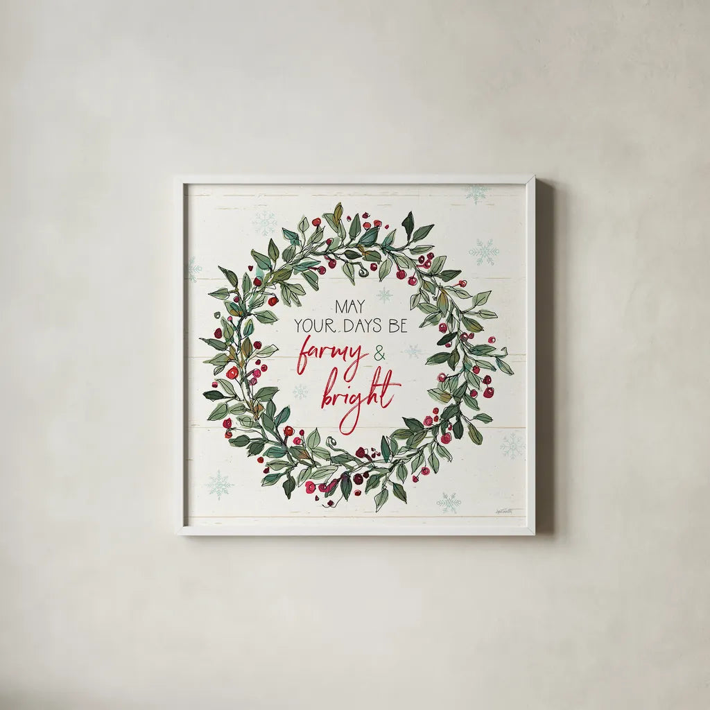 Holiday on the Farm IX by Anne Tavoletti. Shown in a crisp white glass frame for a clean and minimalist style. Available as an archival giclee rolled canvas, fine art paper, or poster print. SKU 37279a.