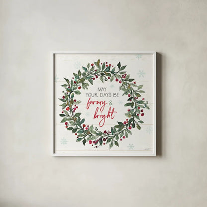 Holiday on the Farm IX by Anne Tavoletti. Shown in a crisp white glass frame for a clean and minimalist style. Available as an archival giclee rolled canvas, fine art paper, or poster print. SKU 37279a.