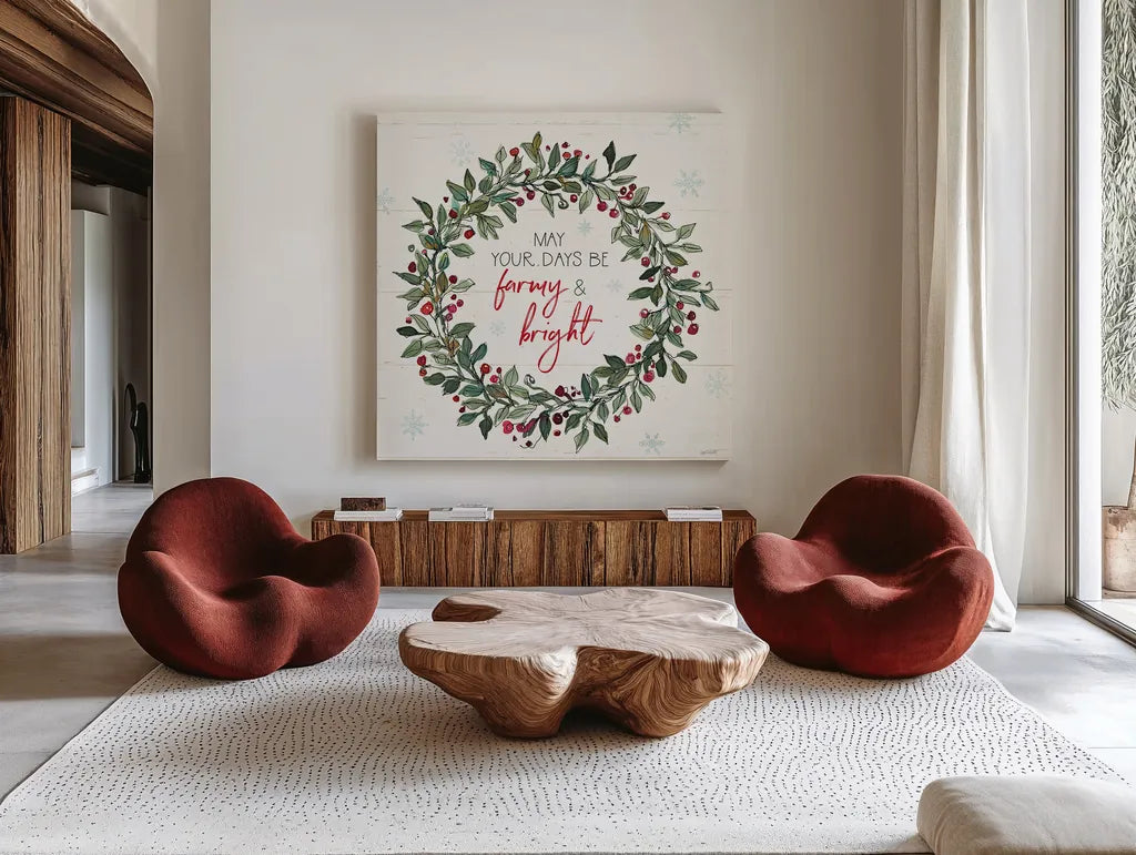 Holiday on the Farm IX by Anne Tavoletti. Shown as extra-large giant wall art in a modern living room. Available as an archival giclee rolled canvas, fine art paper, or poster print. SKU 37279a.