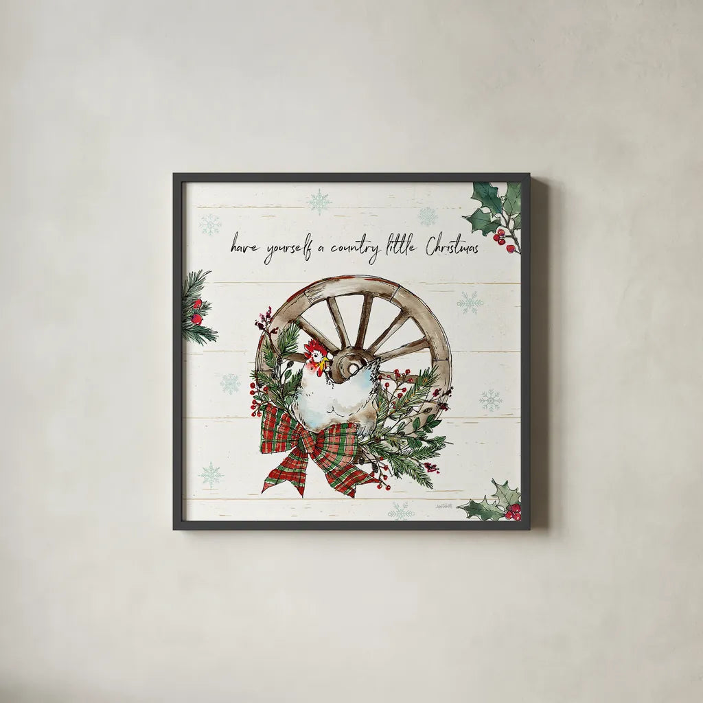 Holiday on the Farm V by Anne Tavoletti. Shown in a sleek black glass frame for a contemporary gallery look. Available as an archival giclee rolled canvas, fine art paper, or poster print. SKU 37275a.