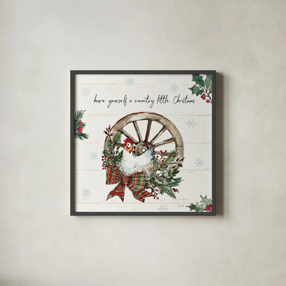 Holiday on the Farm V by Anne Tavoletti. Shown in a sleek black glass frame for a contemporary gallery look. Available as an archival giclee rolled canvas, fine art paper, or poster print. SKU 37275a.