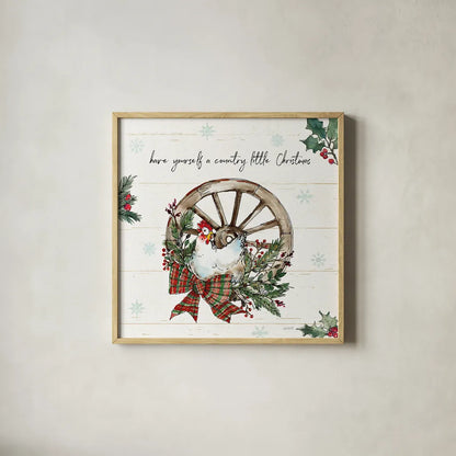 Holiday on the Farm V by Anne Tavoletti. Shown in a natural wood glass frame for a timeless modern aesthetic. Available as an archival giclee rolled canvas, fine art paper, or poster print. SKU 37275a.