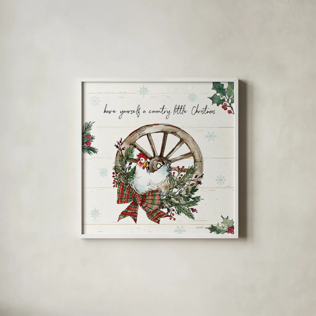 Holiday on the Farm V by Anne Tavoletti. Shown in a crisp white glass frame for a clean and minimalist style. Available as an archival giclee rolled canvas, fine art paper, or poster print. SKU 37275a.