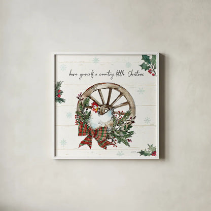 Holiday on the Farm V by Anne Tavoletti. Shown in a crisp white glass frame for a clean and minimalist style. Available as an archival giclee rolled canvas, fine art paper, or poster print. SKU 37275a.