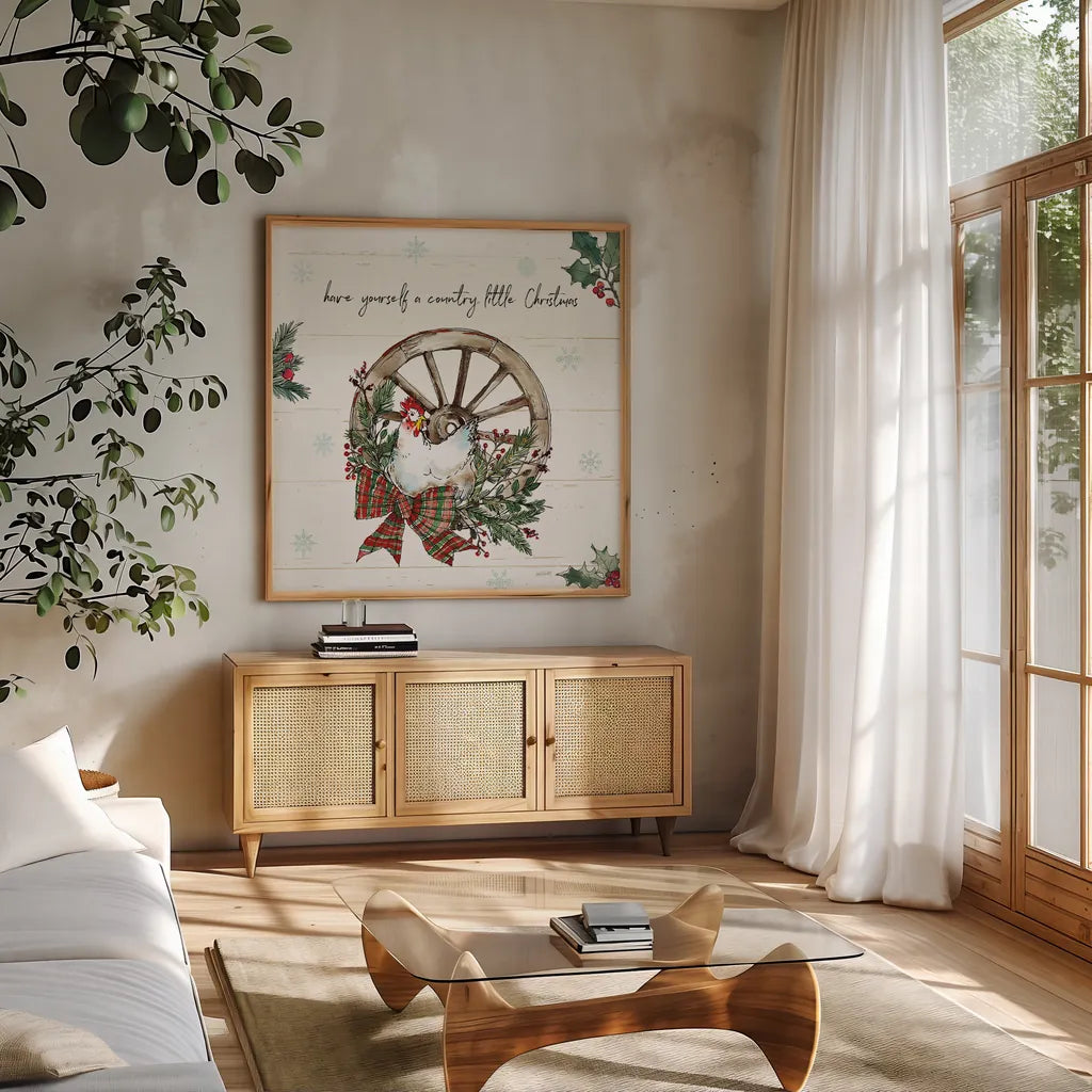 Holiday on the Farm V by Anne Tavoletti. Shown in a natural wood frame in a cozy modern living room. Available as an archival giclee rolled canvas, fine art paper, or poster print. SKU 37275a.