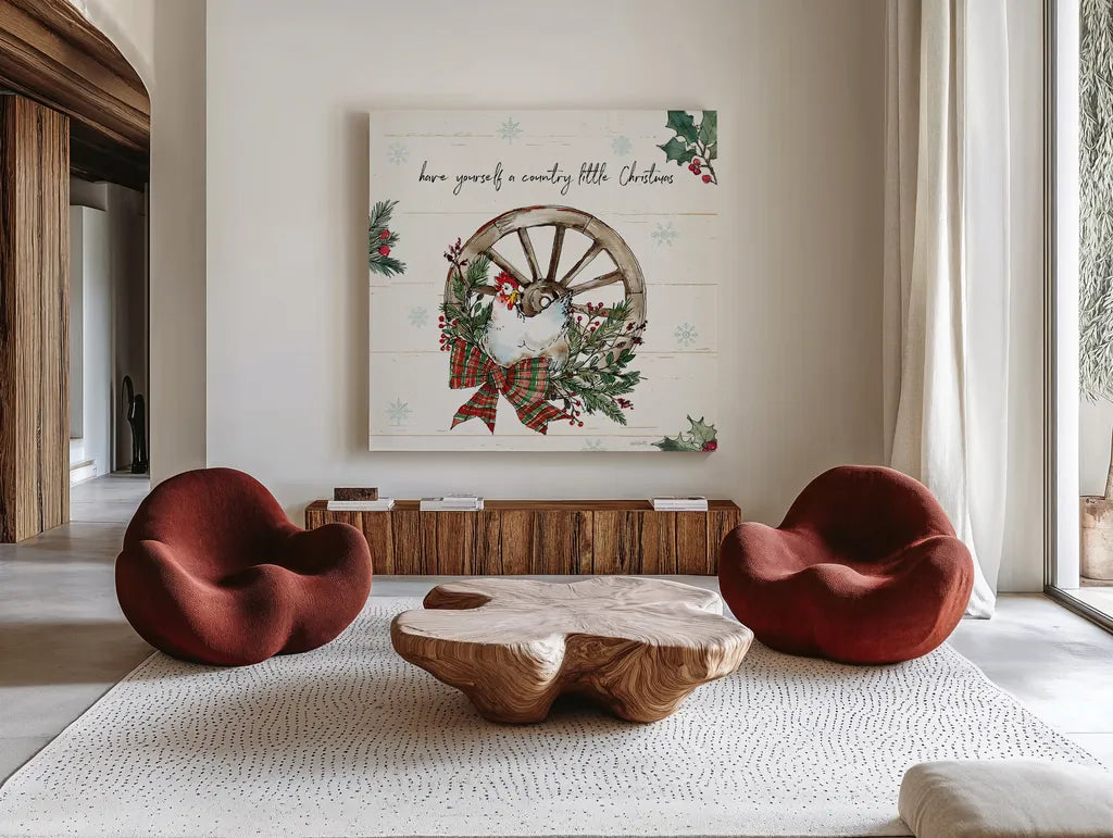 Holiday on the Farm V by Anne Tavoletti. Shown as extra-large giant wall art in a modern living room. Available as an archival giclee rolled canvas, fine art paper, or poster print. SKU 37275a.