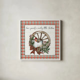 Holiday on the Farm V Plaid by Anne Tavoletti. Shown in a crisp white glass frame for a clean and minimalist style. Available as an archival giclee rolled canvas, fine art paper, or poster print. SKU 38394a.