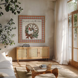 Holiday on the Farm V Plaid by Anne Tavoletti. Shown in a natural wood frame in a cozy modern living room. Available as an archival giclee rolled canvas, fine art paper, or poster print. SKU 38394a.