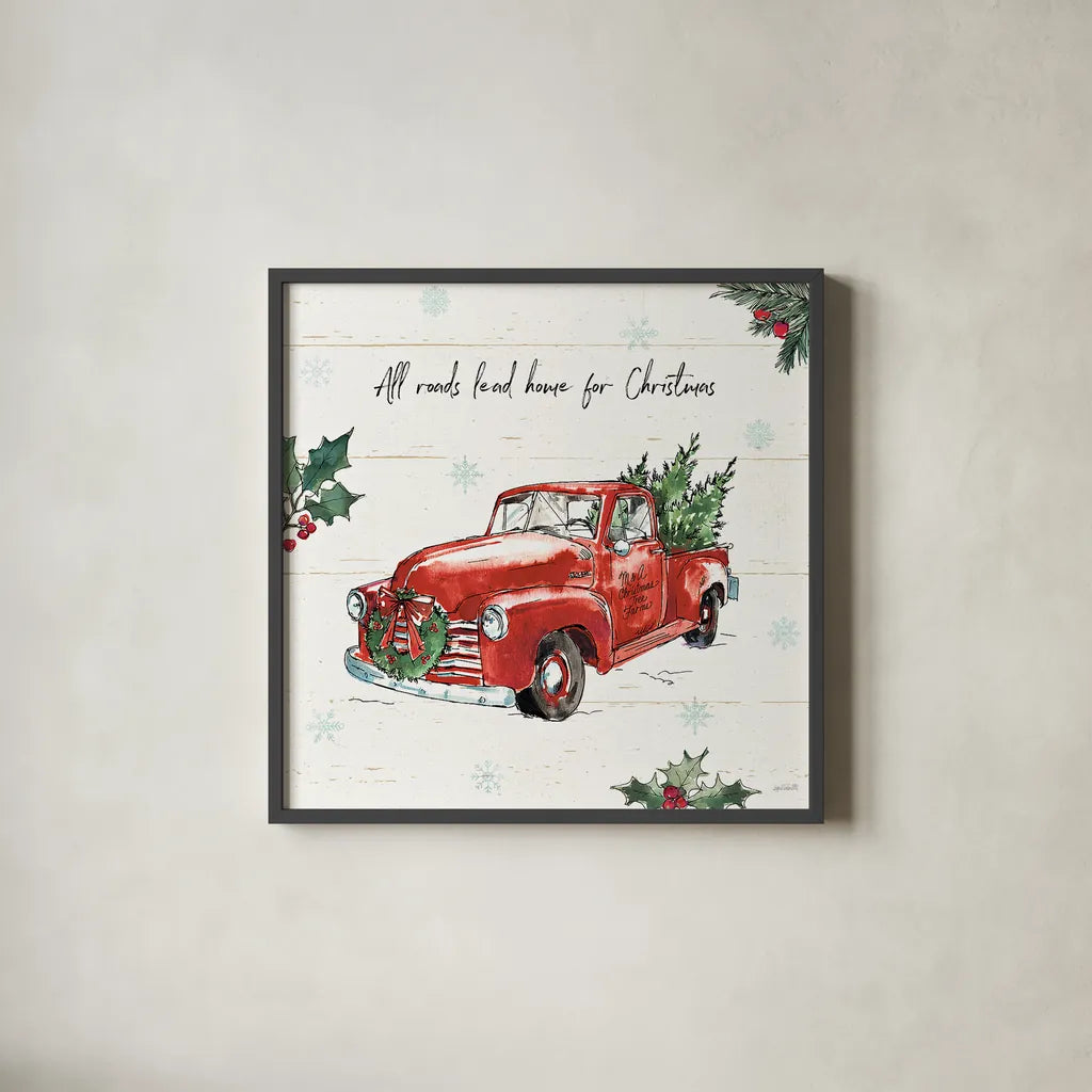 Holiday on the Farm VI by Anne Tavoletti. Shown in a sleek black glass frame for a contemporary gallery look. Available as an archival giclee rolled canvas, fine art paper, or poster print. SKU 37276a.