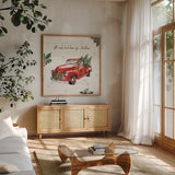 Holiday on the Farm VI by Anne Tavoletti. Shown in a natural wood frame in a cozy modern living room. Available as an archival giclee rolled canvas, fine art paper, or poster print. SKU 37276a.