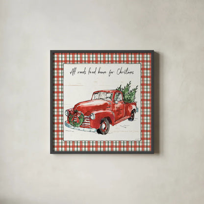 Holiday on the Farm VI Plaid by Anne Tavoletti. Shown in a sleek black glass frame for a contemporary gallery look. Available as an archival giclee rolled canvas, fine art paper, or poster print. SKU 38395a.