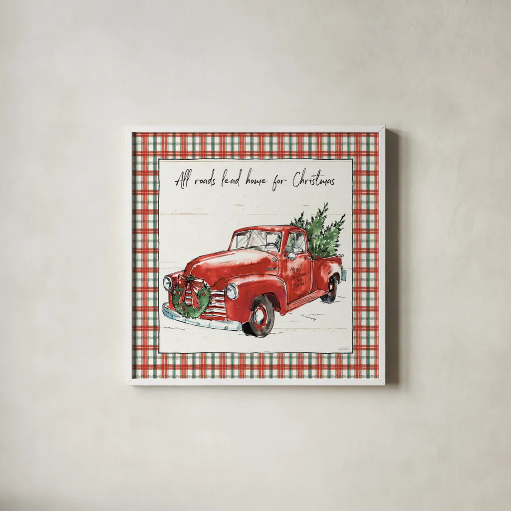 Holiday on the Farm VI Plaid by Anne Tavoletti. Shown in a crisp white glass frame for a clean and minimalist style. Available as an archival giclee rolled canvas, fine art paper, or poster print. SKU 38395a.