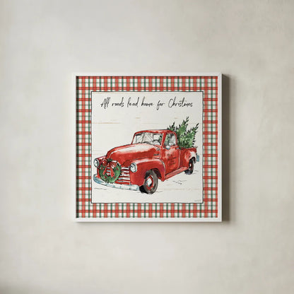 Holiday on the Farm VI Plaid by Anne Tavoletti. Shown in a crisp white glass frame for a clean and minimalist style. Available as an archival giclee rolled canvas, fine art paper, or poster print. SKU 38395a.