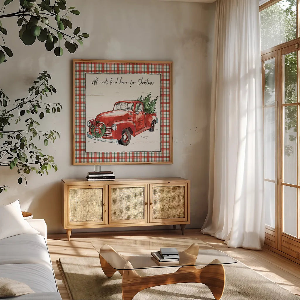 Holiday on the Farm VI Plaid by Anne Tavoletti. Shown in a natural wood frame in a cozy modern living room. Available as an archival giclee rolled canvas, fine art paper, or poster print. SKU 38395a.