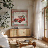 Holiday on the Farm VI Plaid by Anne Tavoletti. Shown in a natural wood frame in a cozy modern living room. Available as an archival giclee rolled canvas, fine art paper, or poster print. SKU 38395a.