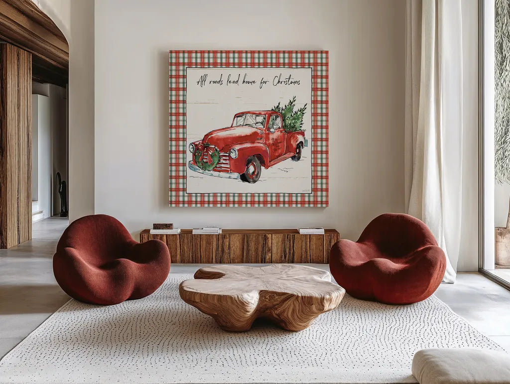 Holiday on the Farm VI Plaid by Anne Tavoletti. Shown as extra-large giant wall art in a modern living room. Available as an archival giclee rolled canvas, fine art paper, or poster print. SKU 38395a.