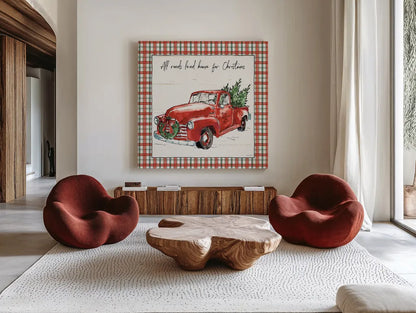 Holiday on the Farm VI Plaid by Anne Tavoletti. Shown as extra-large giant wall art in a modern living room. Available as an archival giclee rolled canvas, fine art paper, or poster print. SKU 38395a.