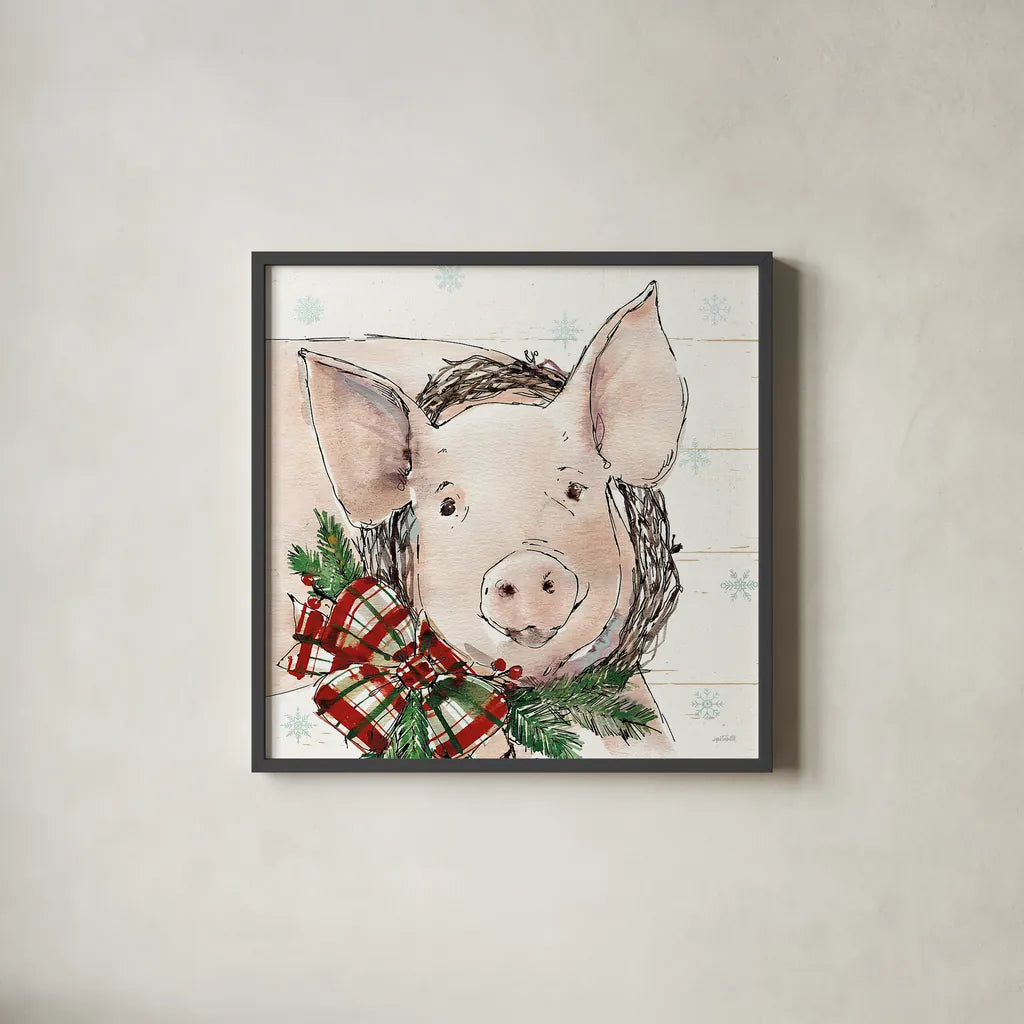 Holiday on the Farm VII by Anne Tavoletti. Shown in a sleek black glass frame for a contemporary gallery look. Available as an archival giclee rolled canvas, fine art paper, or poster print. SKU 37277a.